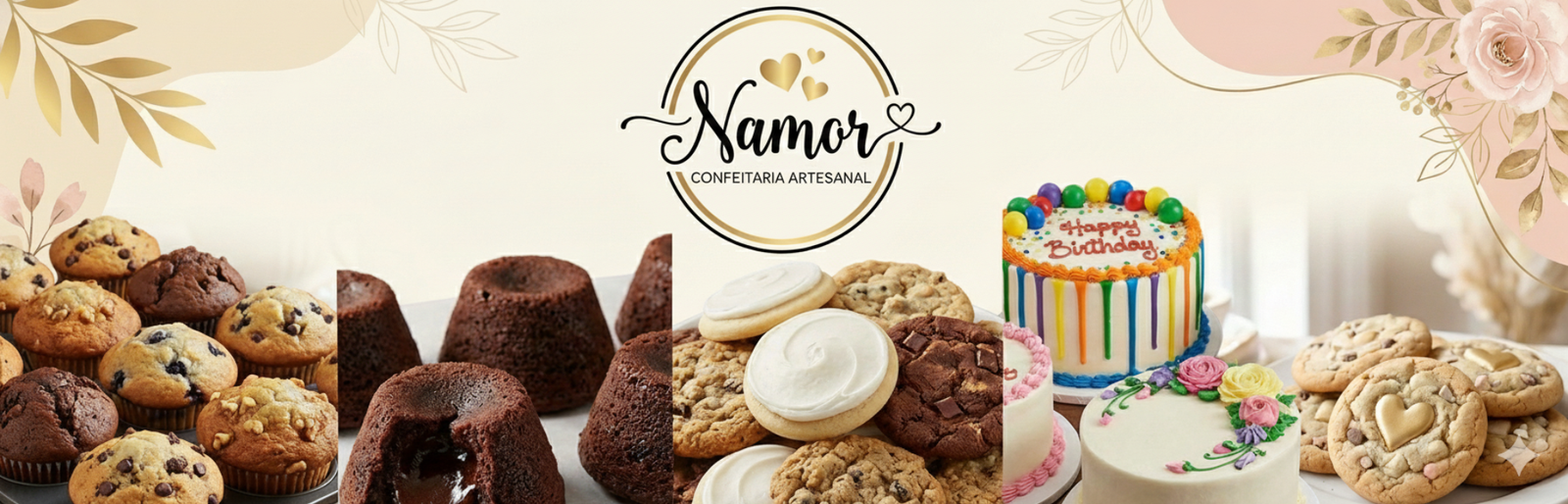 Banner da confeitaria mostrando deliciosos doces artesanais em ambiente acolhedor